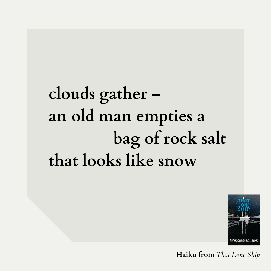 clouds gather – an old man empties a bag of rock salt that looks like snow